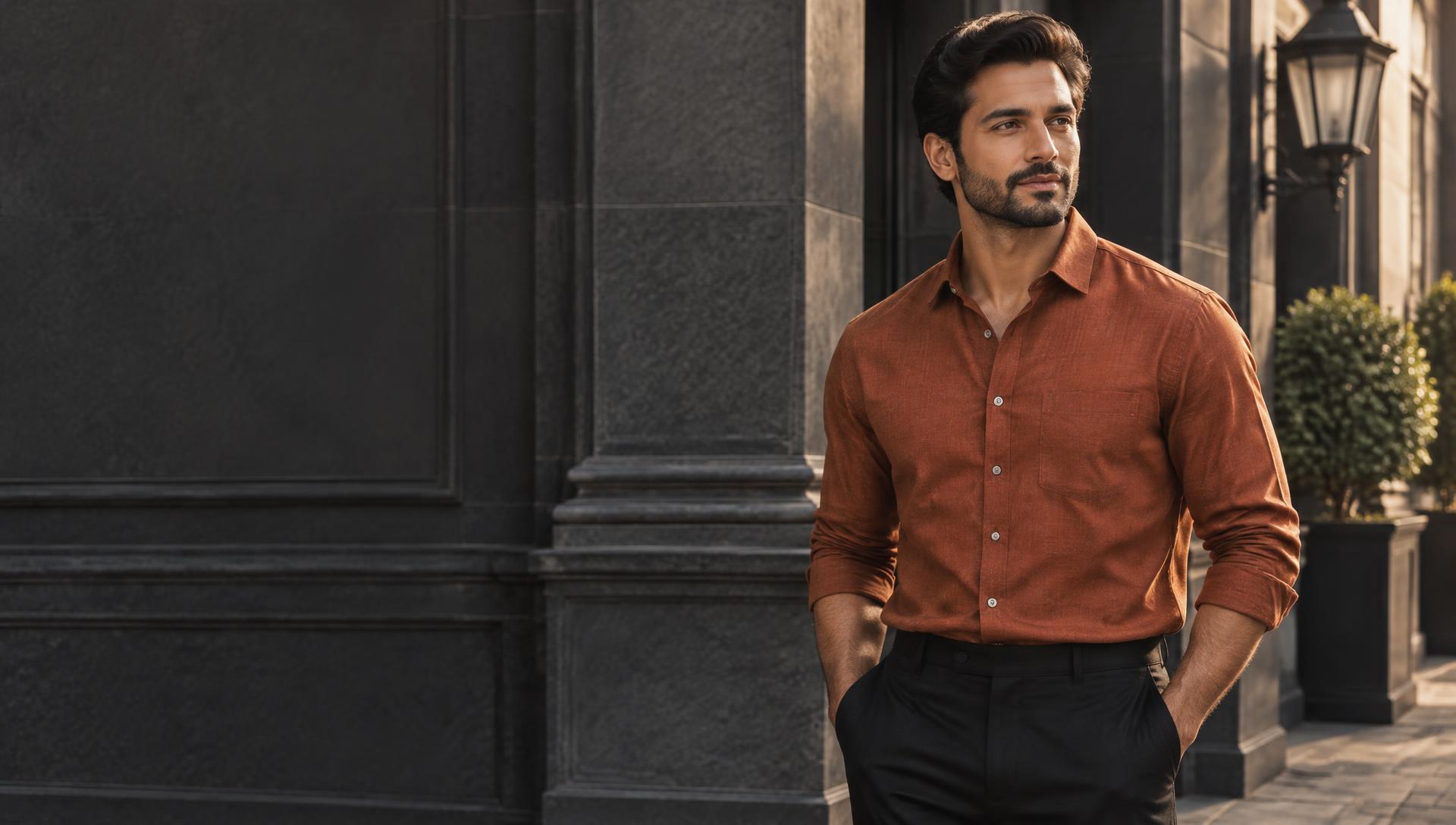 Gentleman wearing a textured rust-orange casual shirt on a sunlit city street