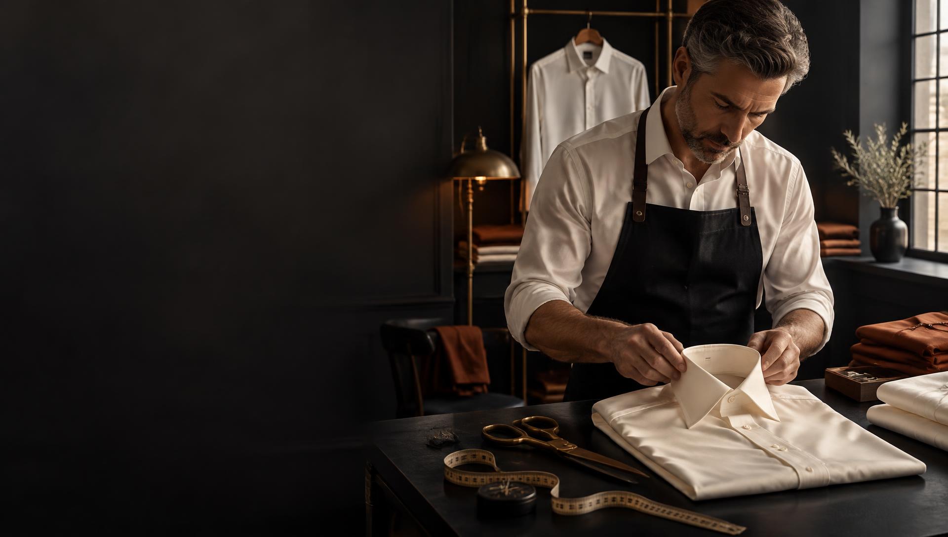 Tailor carefully shaping an ivory shirt collar beside measuring tape, scissors, and folded fabrics