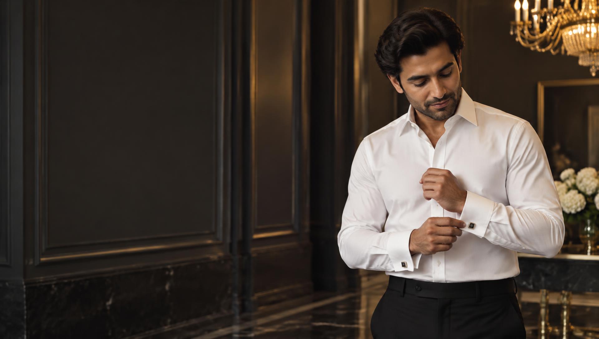 Gentleman adjusting the cufflinks of a white dress shirt in an elegant chandelier-lit venue
