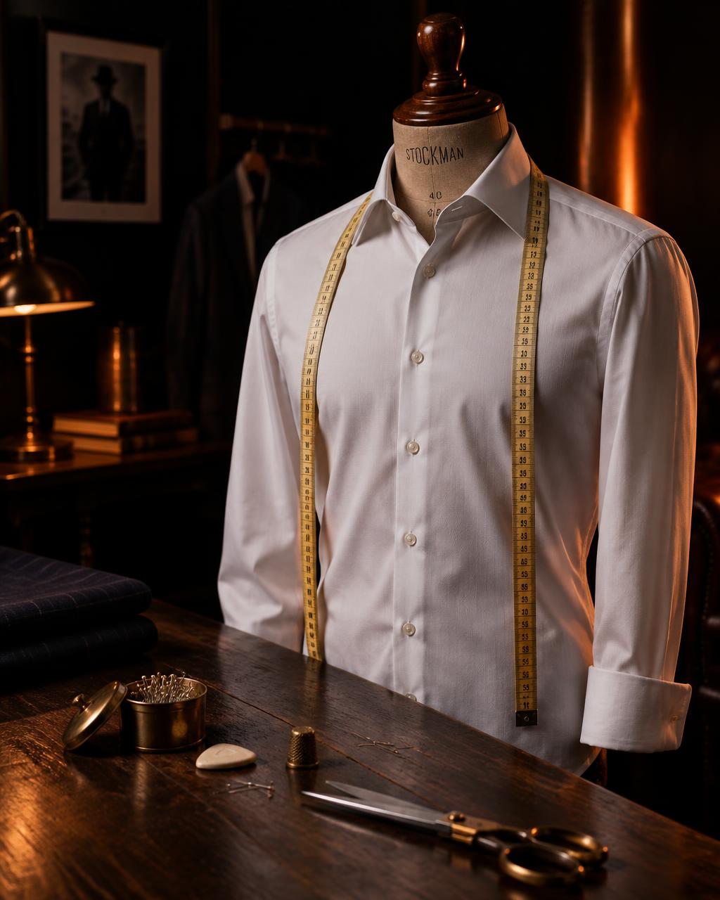A Charles Montage shirt on a tailor's mannequin with a measuring tape draped across it